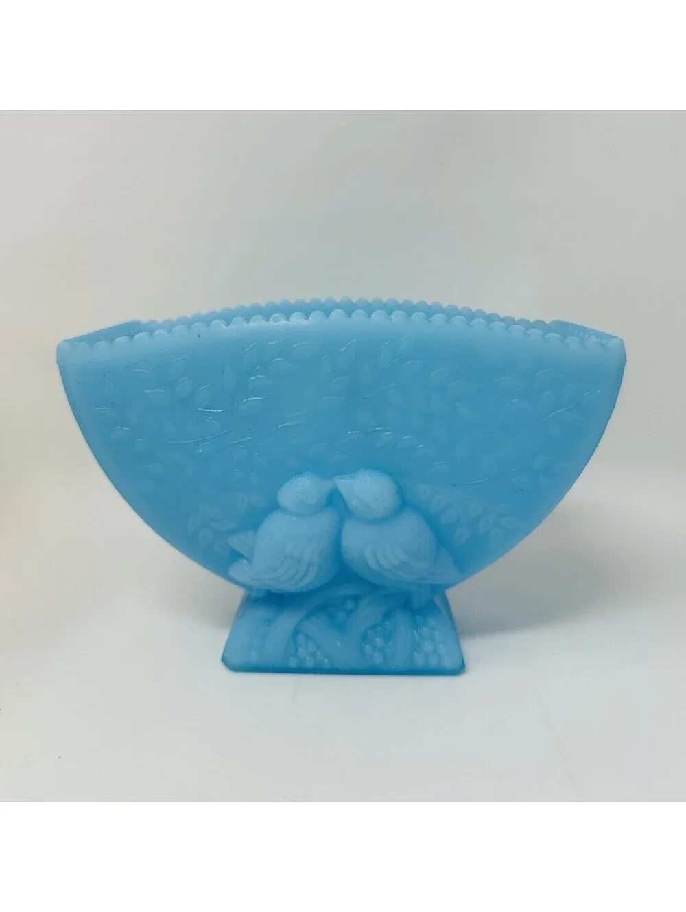 Fenton Lovebirds Blue Satin Milk Glass Embossed Planter Vase Vintage Collectible